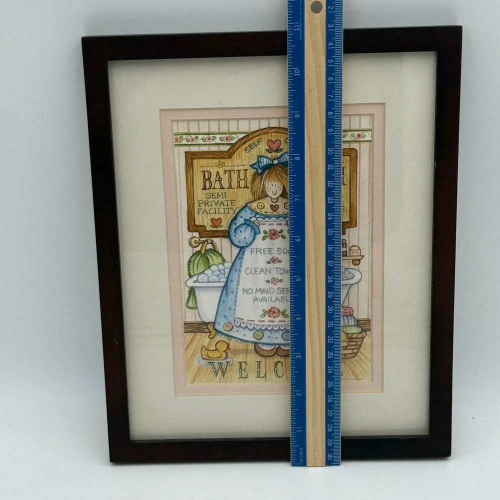Vintage Country Bathroom Wall Art Framed Whimsical Girl Illustration 8x10
